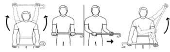 1.4. Aktiv assistierte Bewegungsübungen mit einem Stock: In Rückenlage den Stock mit beiden Armen halten. Die Arme heben, indem der gesunde Arm den erkrankten Arm hebt.