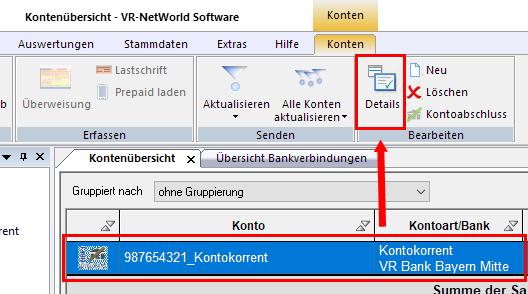 7. Hinterlegen der neuen Kontonummer bei den bisherigen Konten Öffnen Sie ihr altes, deaktiviertes Konto zum Bearbeiten durch einen Klick auf "Details".