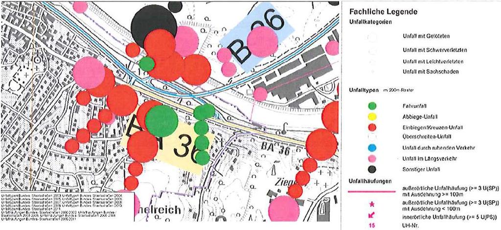 Erneuerung der Regnitzbrücke Bischberg Seite 18 Bild: Unfallkarte Es wurde kein Unfall mit Getöteten verzeichnet, aber 13 Unfälle mit 16 Schwer- und 4 Leichtverletzten.