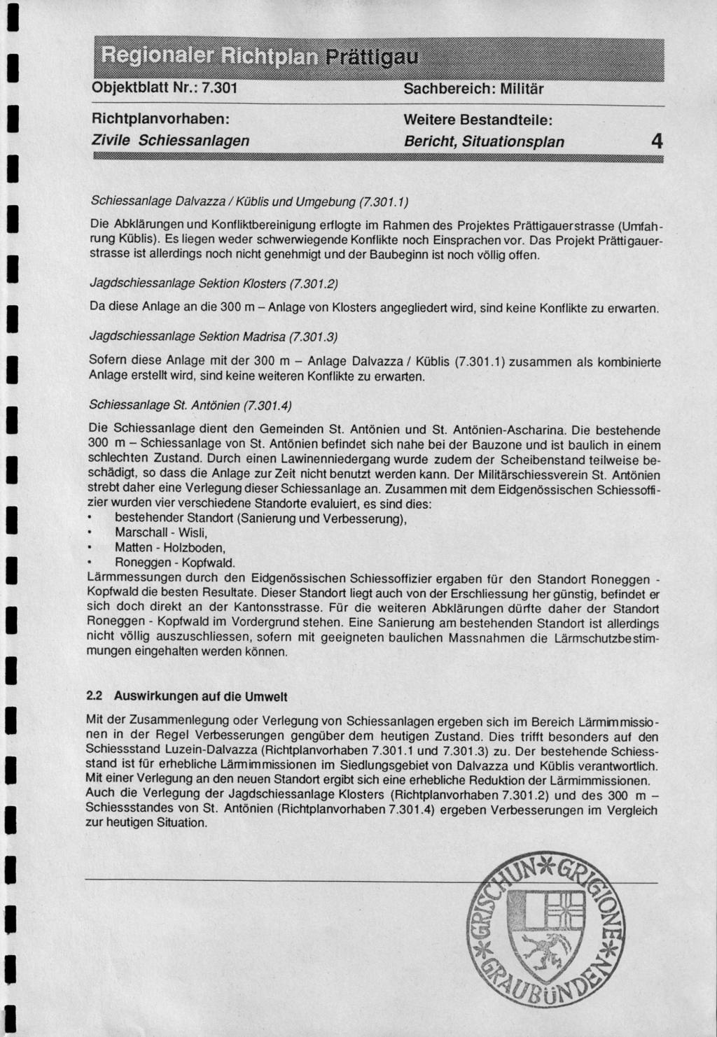 Zivile Schiessanlagen Bericht, Situationsplan 4 Schiessanlage Dalvazza / Küblis und Umgebung (7.301.