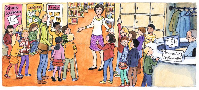 0 Am Donnerstag war die Klasse in der Bücherei. Die Bibliothekarin Frau Schulze begrüßte sie. Viele Kinder wollten gleich etwas sagen. Meine Oma holt immer Hörbücher.