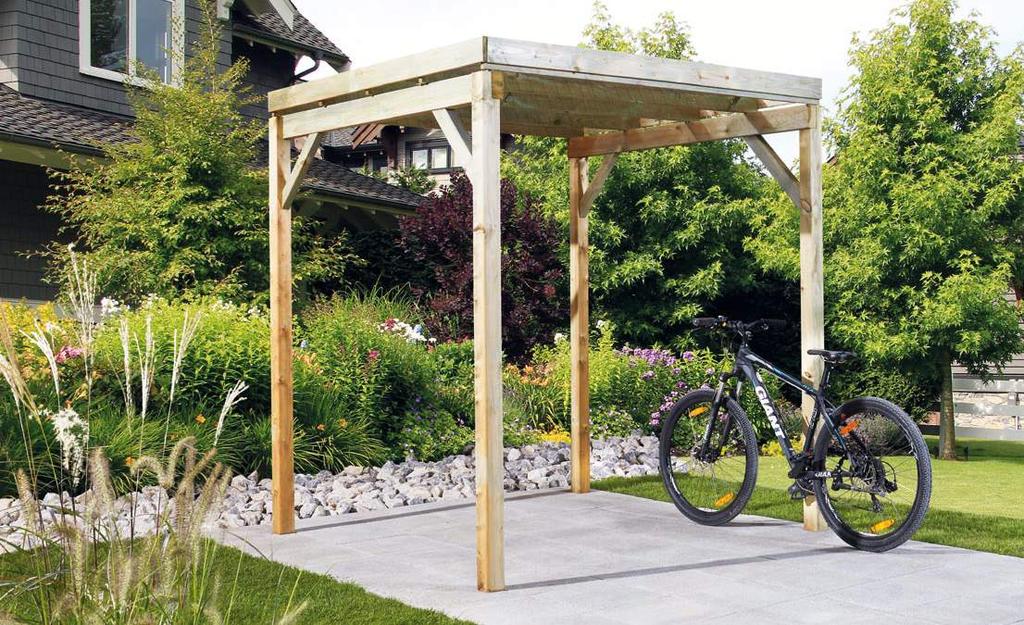 Bikeport Typ 1 und Typ 2 Bausatz, Pfosten 9 x 9 x 210 cm, ohne Anker, Längsträger 6 x 12 cm, Querträger 2,5 x 14,5 cm, KDI grün, inkl. PVC-Dacheindeckung transparent und Montagematerial.