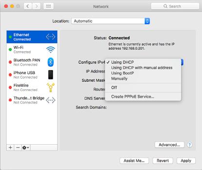 Überblick über die Programmoberfläche Registerkarte Settings Mac Das kabelgebundene Netzwerk deaktivieren Wählen Sie Systemeinstellungen > Netzwerk > Ethernet, und wählen Sie unter IPv4 konfigurieren