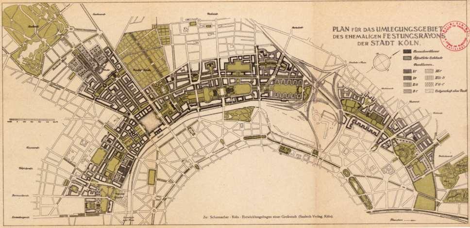 Der 1923 von Fritz Schumacher fertiggestellte Gestaltungsplan für den Inneren Grüngürtel der Stadt Köln.