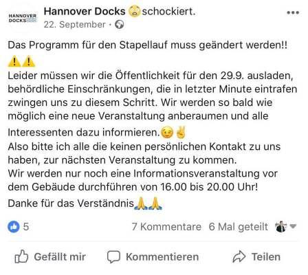 Reaktionen auf die Absage des Stapellaufs Hierfür haben wir einen Extra Post veröffentlicht und diesen in der Facebook Veranstaltung sowie auf der Fan Page von Hannover Docks veröffentlicht.