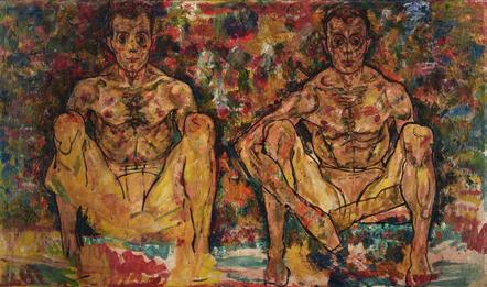 Squatting Men (Double Self-Portrait) 1918 (unfinished) Öl auf Leinwand 101,2 170,8 cm Privatsammlung, Courtesy