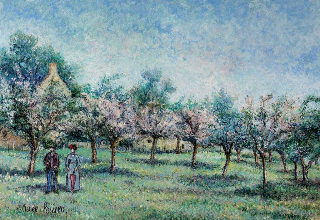 ClaUDE pissarro triest 1856 1925 abbazia promade au champ de pommiers Mischtechnik auf Karton, 37 x 51 cm signiert u.l. rückseitig bezeichnet: Dimanche; promenade au champ de pommiers (ca va etre une annee a pommes) hg.