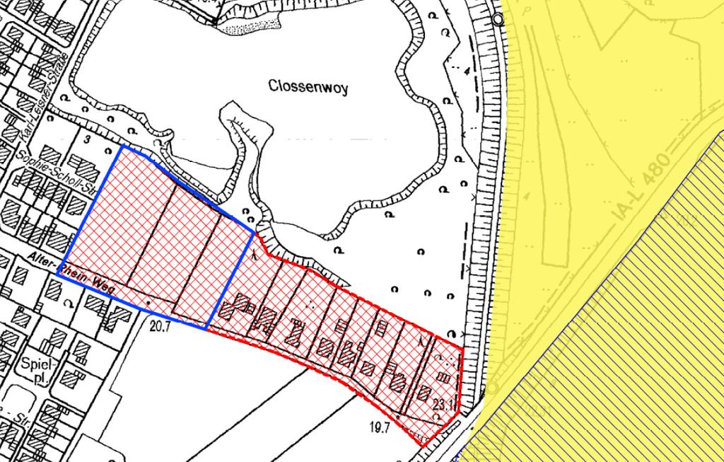 Flächennutzungsplanänderung (rote Kreuzschraffur) und des Bebauungsplans Nr.