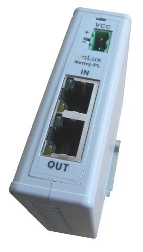 Allgemeines Der u::lux NetInj Power dient zur Energieversorgung von maximal 2 Stück u::lux Switches RJ45. Die Ethernet Ports sind mit RJ-45 Buchsen versehen und haben die Bezeichnung IN und OUT.