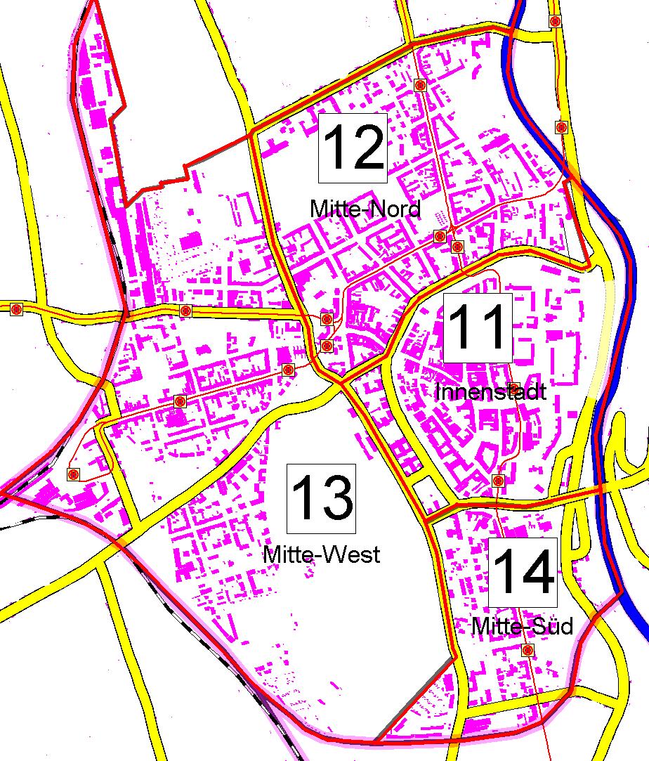 Gebietsabgrenzung Stadtgebiet Stadtbezirk Mitte mit folgenden Stadtteilen: