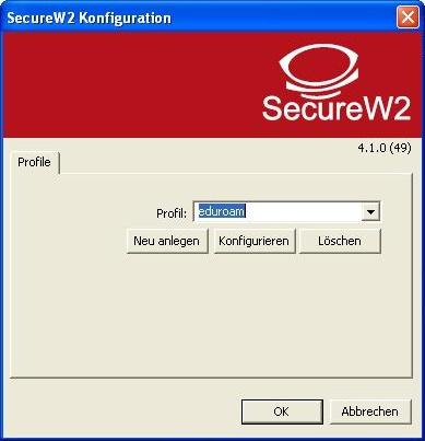Schritt 14: Im nächsten Fenster SecureW2 Konfiguration ist als Profil eduroam auszuwählen. Klick dann auf Konfigurieren.