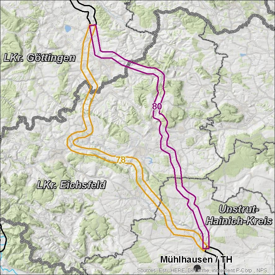 Kurzbeschreibung des Vergleichsfalls Beide Alternativen verlaufen durch die Landkreise Göttingen (Niedersachsen), Eichsfeld und Unstrut-Hainich-Kreis (Thüringen) und queren die Naturraum-Einheiten