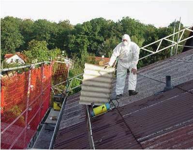 Allgemeine Schutzmaßnahmen und Hinweise Asbestzement-Wellplatten sind nicht durchtrittsicher. Um ein Durchbrechen zu verhindern sollten Laufbohlen auf den Asbestzementplatten ausgelegt werden.