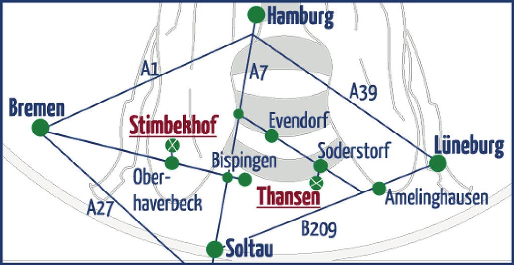 Anfahrt Stimbekhof Auf Gut Thansen nach Osten in Richtung Rehrhofer Weg starten, dann auf Rehrhofer Weg abbiegen (wird zur Bahnhofstrasse) am Ende nach ca.