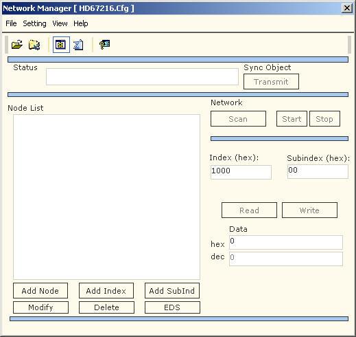 Fenster Network Manager Dieses Fenster erlaubt das Durchsuchen und das Ausführen von Operationen zu CANopen Geräten.