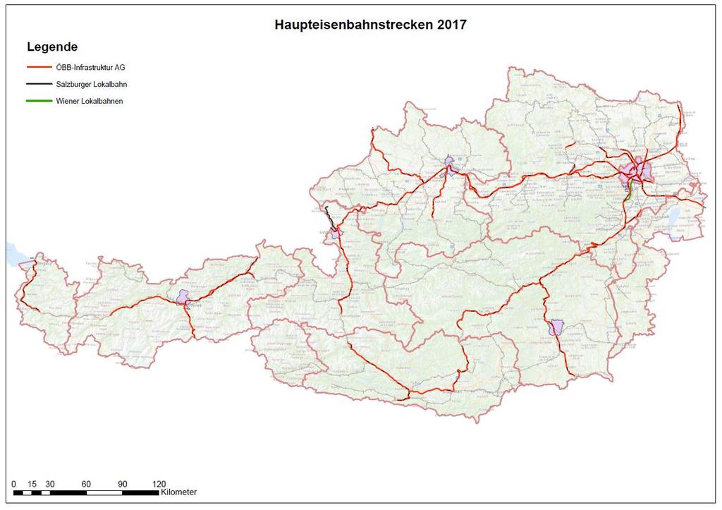 Kapitel 3 Kartografische Darstellung Die nachfolgende Grafik zeigt die österreichischen Haupteisenbahnstrecken 2017.