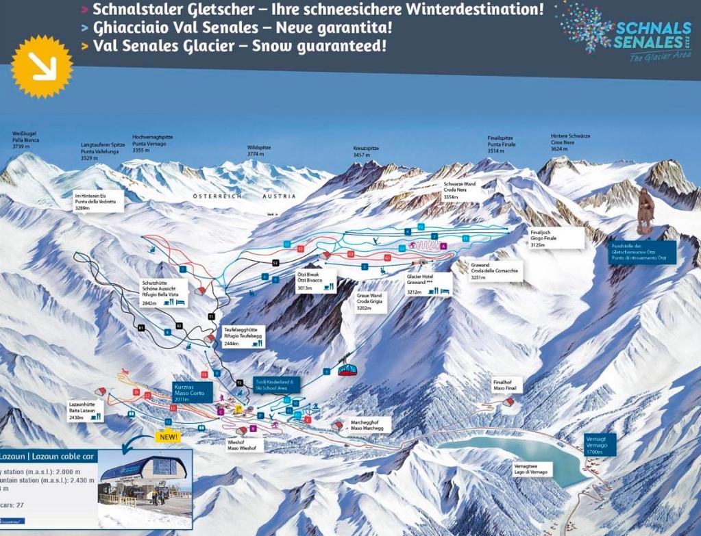 Das Skigebiet Schnalstaler Gletscher Das Gletscherskigebiet Schnalstal reicht bis auf über 3200m Seehöhe und liegt an der Grenze zwischen Österreich und Italien in Südtirol.
