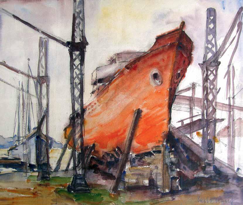 Memel, Schichau-Werft, Aquarell, 31 x 36 cm;