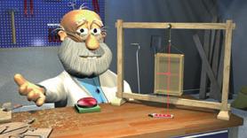 Die Trickfigur Professor Lunatus ermittelt in seinem "Schwerpunktstudio" den Schwerpunkt einer Kiste.