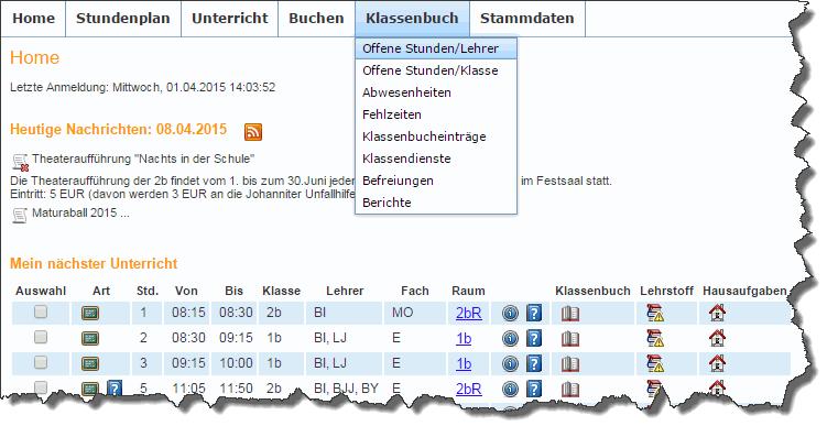 95 Zusätzlich zu < Offene Stunden/Lehrer > das schon beschrieben wurde, sind die folgenden Punkte verfügbar: Offene Stunden/Klasse Abwesenheiten