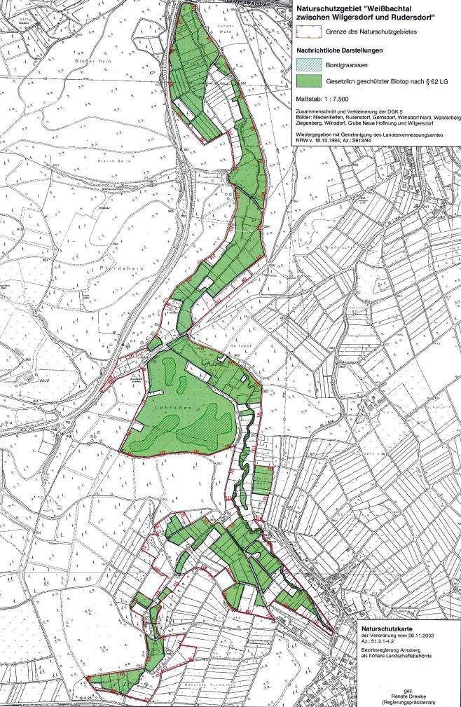 Naturschutzgebiet Weißbachtal NSG ist Zielkulisse für die NRW-Stiftung 79 ha Geschützte Biotope sind in grün dargestellt Für die Zielkulisse hat die NRW-Stiftung bei der Bezirksregierung Arnsberg