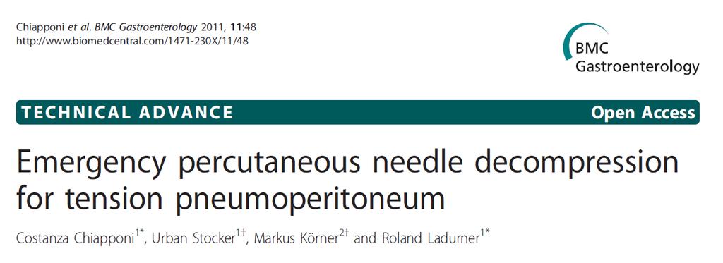 .. tension pneumoperitoneum due to iatrogenic bowel perforation is a rare but life threatening condition and it can be managed in a preclinical and clinical setting with emergency percutaneous
