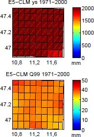 Figure 10: Precipitation in the study region from the original simulations HadCM3-CLM and Echam5-CLM (left), the bias-corrected model precipitation (middle) and EUR04M-APGD observations (right).