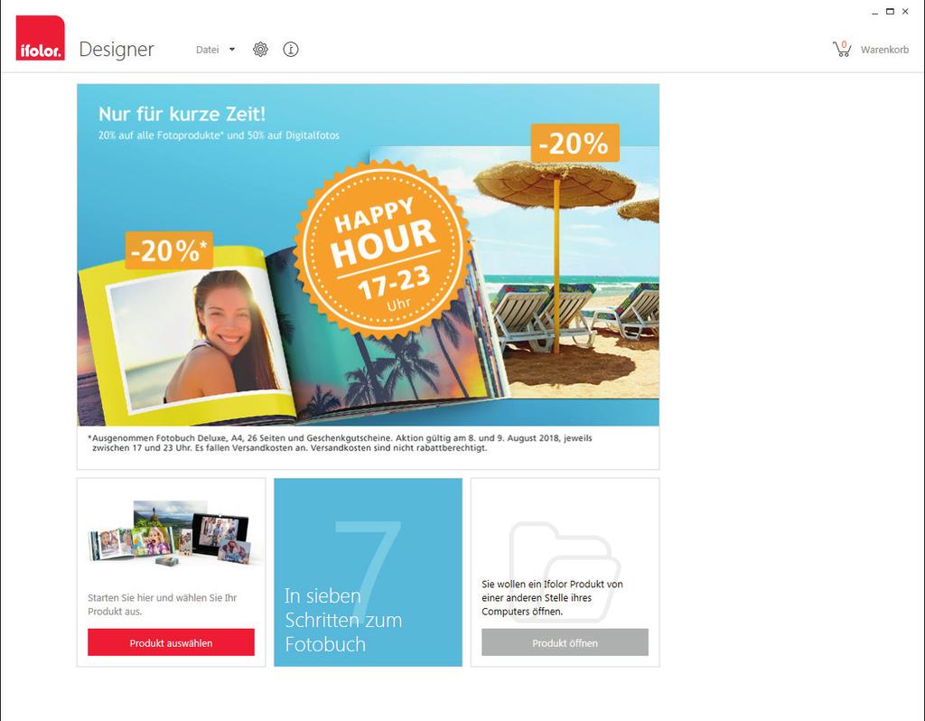 1. EIN NEUES FOTOBUCH ERSTELLEN 4 Starten Sie nach der Installation den ifolor Designer. Im großen Nachrichtenfenster finden Sie Inspiration für Ihre Fotoprodukte sowie aktuelle Angebote.