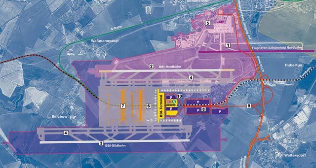 Bild 4 : Lageplan des Flughafens BBI (Grafik: Günter Wicker, Photur/Berliner Flughäfen) Legende: 1 Derzeitige Nordbahn: Diese wird geschlossen und zurückgebaut. 2 BBI Nordbahn: Ist die auf 3.