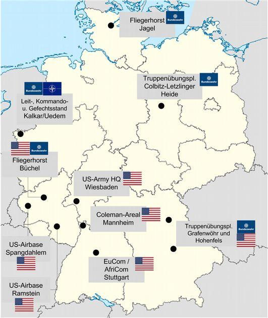 20 Air Base Spangdahlem (zwischen Bitburg, Trier und Wittlich gelegen): ca. 10.000 USAmerikaner inkl. Familienangehörige.