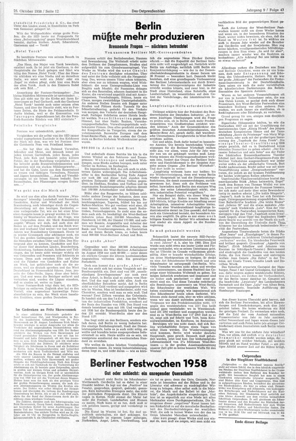 25. Oktober 1958 / Seite 12 Das Ostpreußenblatt Standbild Friedrichs d. Gr., das einst Unter den Linden stand, in Einzelteilen im Park von Sanssouci gelagert ist.
