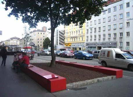 Beispiel: Wiedner Hauptstraße; Betonsockel eingefärbt mit Sitzflächen aus Lochblech; Achtung: Im Rahmen der Detailplanung muss die konkrete Gestaltung sowohl bautechnisch als auch farblich an die