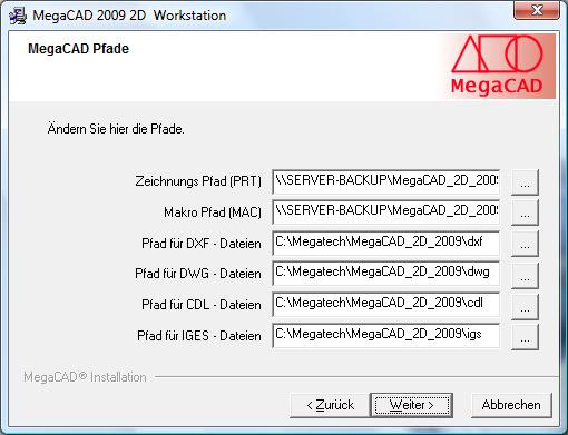 Sie können MegaCAD nun mit Standardwerten installieren (empfohlen) oder Sie können das