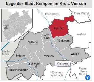 Lagebeschreibung Die Stadt Kempen liegt am Niederrhein im Westen Nordrhein-Westfalens und ist eine mittlere kreisangehörige Stadt des Kreises Viersen im Regierungsbezirk Düsseldorf.