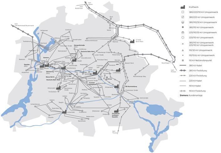 Kurzvorstellung des Berliner Stromnetzes Leitungen 36.225 km Verkabelungsgrad (Unterirdisch) 98,1 % Umspannwerke 110/10 kv 78 Netzstationen 10/0,4 kv 7.