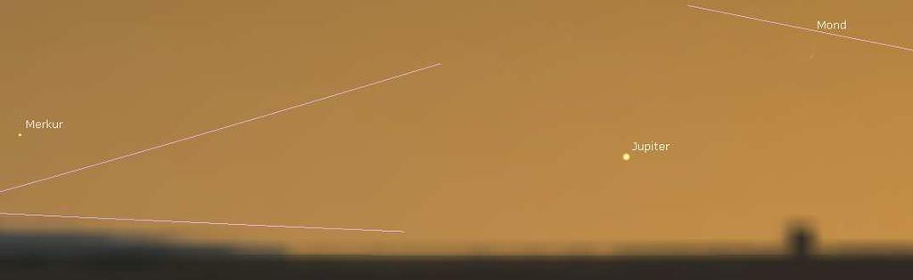 Venus-Spica-Mond in der Morgendämmerung, gegen 06:30 Uhr; Mond zu rund 2,4 Prozent beleuchtet (kurz vor Neumond) Der Planet Venus taucht nach wochenlanger Abwesenheit wieder am Morgenhimmel auf: er