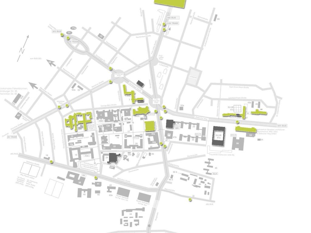 Campusplan Zelt-Mensa (Während Umbau Neue Mensa) Potthoff-Bau Tillich-Bau (PC-Pool) Mensa U-Boot Bürogebäude Zellescher Weg (Sitz Architekturfakultät) Beyer-Bau Mensa Siedepunkt Andreas-Schubert-Bau