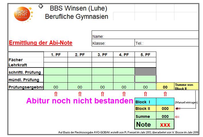 Mit Hilfe der im nachfolgenden Screenshot abgebildeten Excel- Tabelle lässt sich die Abiturnote