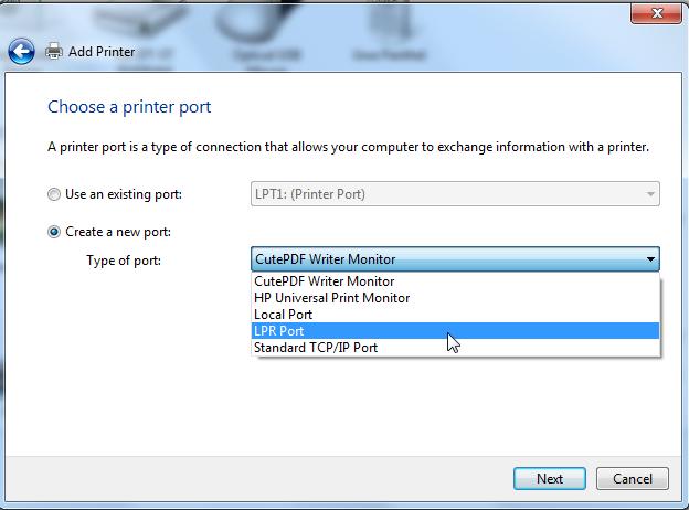 Choose a printer port - > next Vorhandenen Port verwenden -> weiter Or: If necessary, create a new connection (see Microsoft Manual) Example for a LPR Connection: The print server of