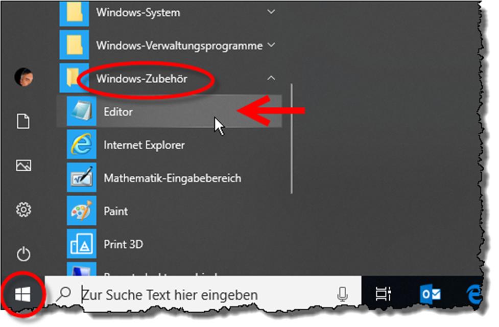 LERNE DEINEN PC ZU VERSTEHEN TEIL 6 61 Starte den Editor unter Start - Windows-Zubehör - Editor! Abbildung 43 Den Windows-Editor starten Tippe das Wort "Hallo" ein (ohne Anführungszeichen!)!