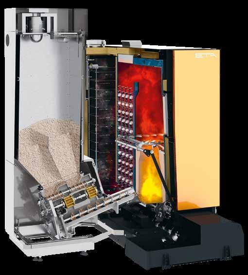 7 8 9 0 Vollautomatische Entaschung in eine außenliegende Aschebox: Über die Ascheschnecke wird die Asche aus Brennkammer, Wärmetauscher und dem optionalen Partikelabscheider zur Aschebox