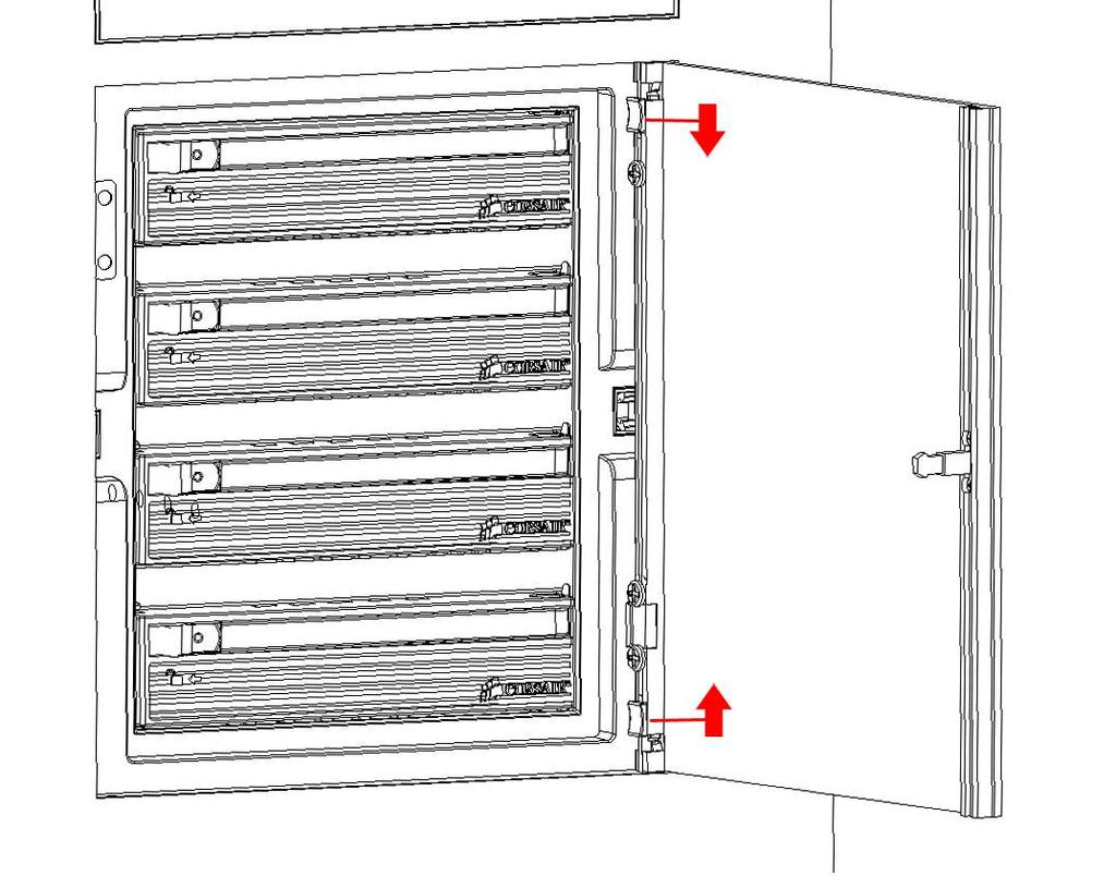 Schritt 2: Bringen Sie die Tür wie abgebildet an und passen Sie die Scharniere in die Aussparungen ein. 2.4 Installieren einer Festplatte in den unteren 3,5 -Laufwerkseinschüben Schritt 1: Nehmen Sie das Vorderteil des Gehäuses ab (siehe 2.