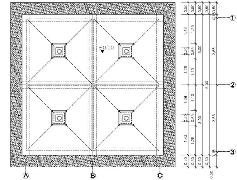 Grundriss Fundament: Vier Plattenfundamente 0,2m x 3m x 3m Punktfundamente unter den