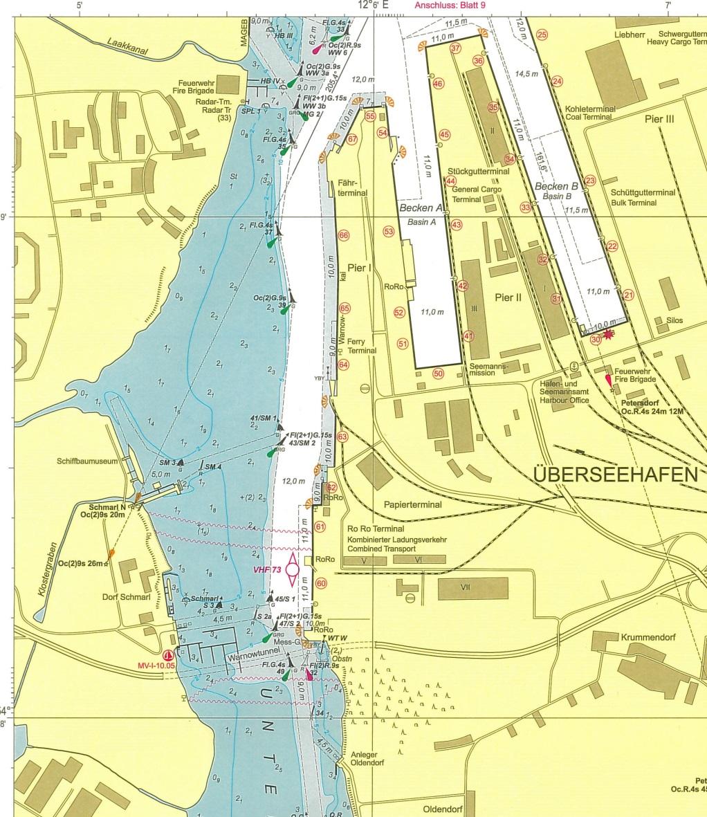 Unfallstelle Ausschnitt aus Seekarte 3005 Blatt 11, Unterwarnow, Quelle BSH Die STETTIN wurde in Höhe des Kesselraums oberhalb der Wasserlinie auf einer Länge von ca. 2 m und ca.