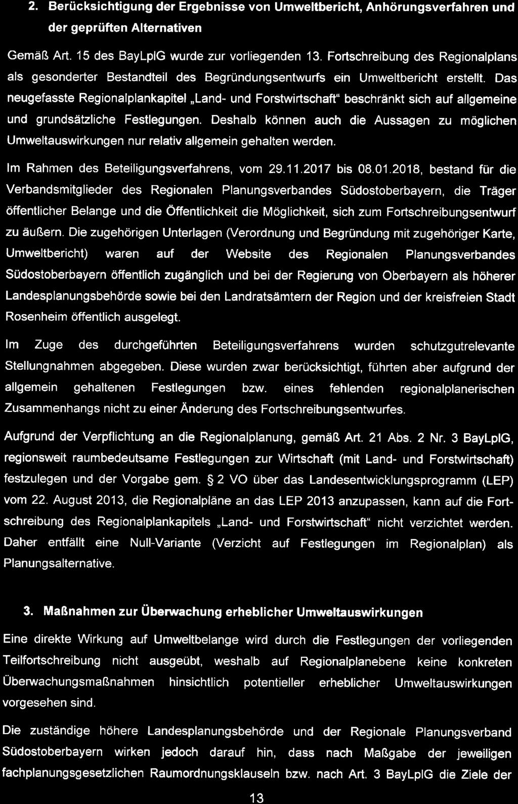 Zusammenfassende Erklärung zur Vierten Verordnung des Regionalplans Südostoberbayern 2. Berücksichtigung der Ergebnisse von Umweltbericht, Anhörungsverfahren und der geprüften Alternativen Gemäß Art.