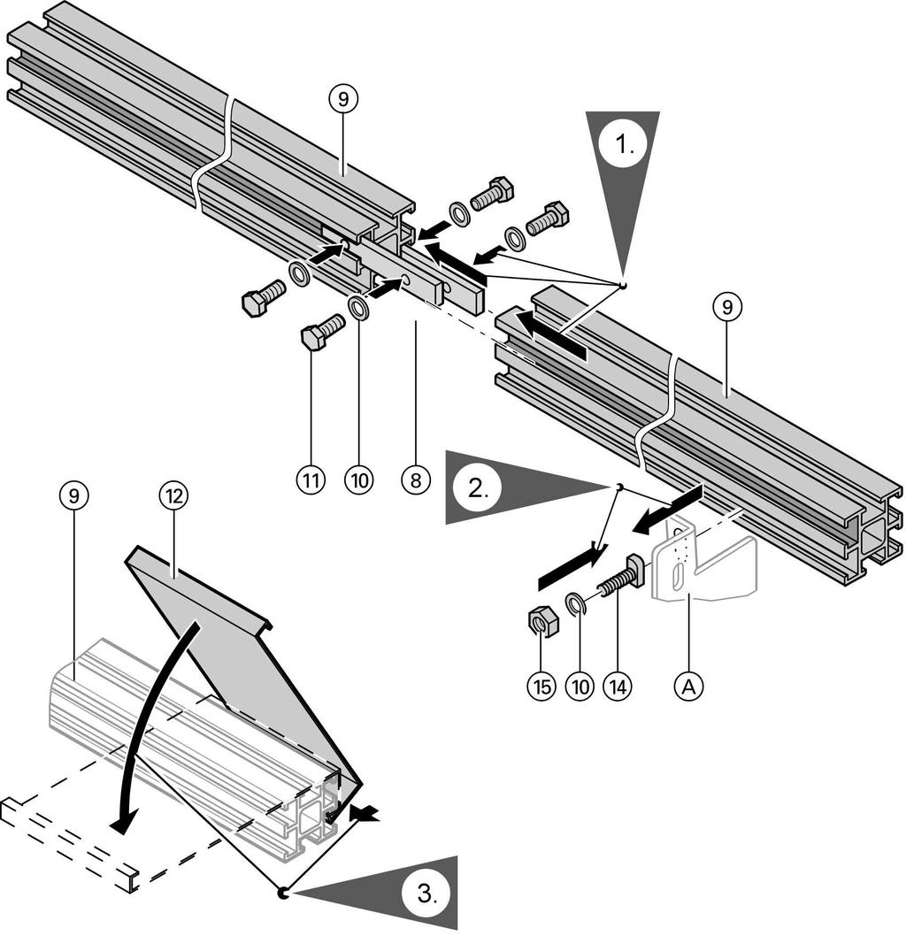 Montageschienen anbauen Bei allen Montageschritten T-Nutenschrauben um 90 drehen. A Dachhaken bzw. Klemmstein (siehe Seite 9) 1. Verbindungselemente in Montageschienen schrauben. 2.