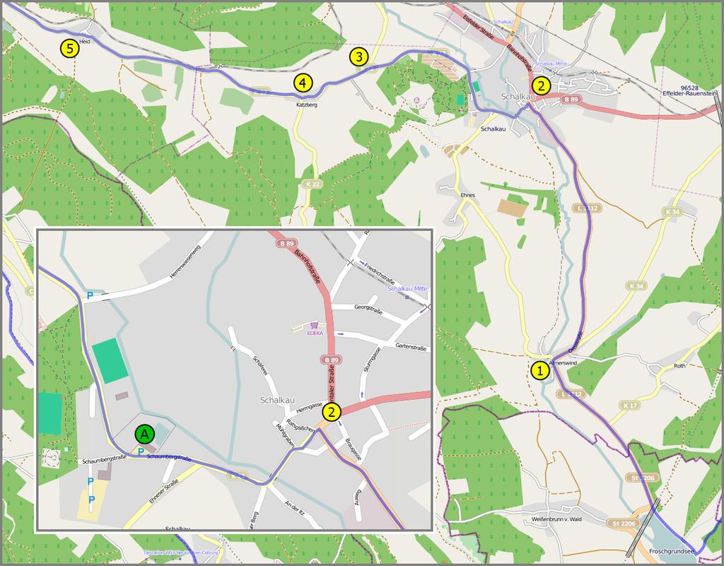 Seite /, In Schalkau nach links abbiegen und über "Mühlgasse" und "Schaumbergstraße" nach Katzberg fahren. Dabei kommen Sie am Schwimmbad (A) vorbei. Weiter geradeaus, Richtung Katzberg.