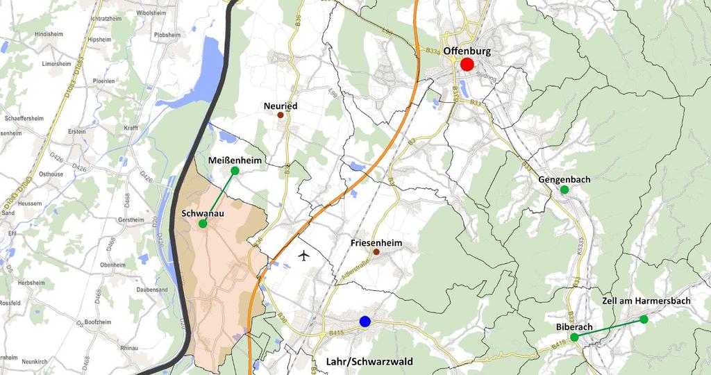 Karte 2: Lage der Gemeinde Schwanau und zentralörtliche Struktur der Region Legende Oberzentrum
