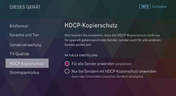 Einführung Die Menübereiche im Einzelnen Einstellungen Hilfe und mehr Dieses Gerät HDCP-Kopierschutz Der HDCP-Kopierschutz gilt für einige TV-Sender. 1.