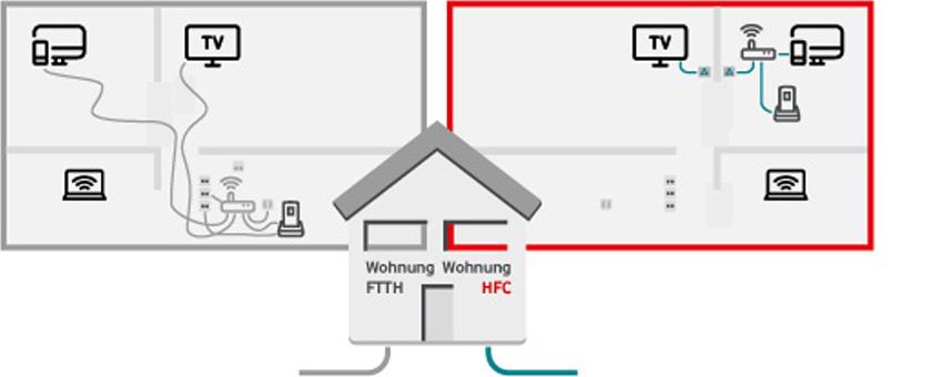 Wohnungsvergleich: Der Vergleich von Glasfaseranschluss bis in die Wohnung (FTTH) und HFC-Netz illustriert die heute noch vorhandenen
